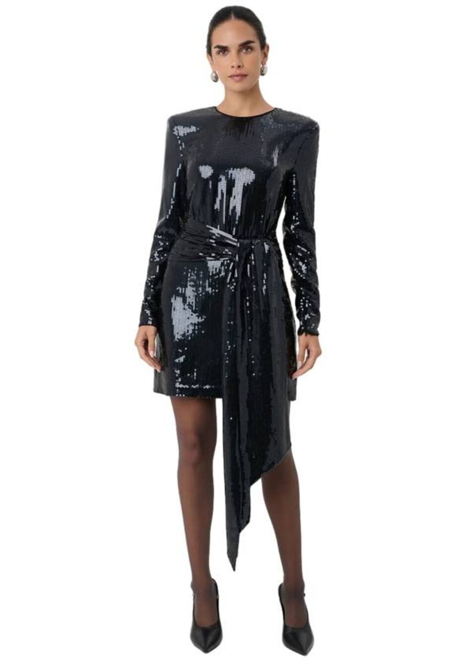 Toccin Carlotta Sash Sequin Mini Dress in Jet Black 10